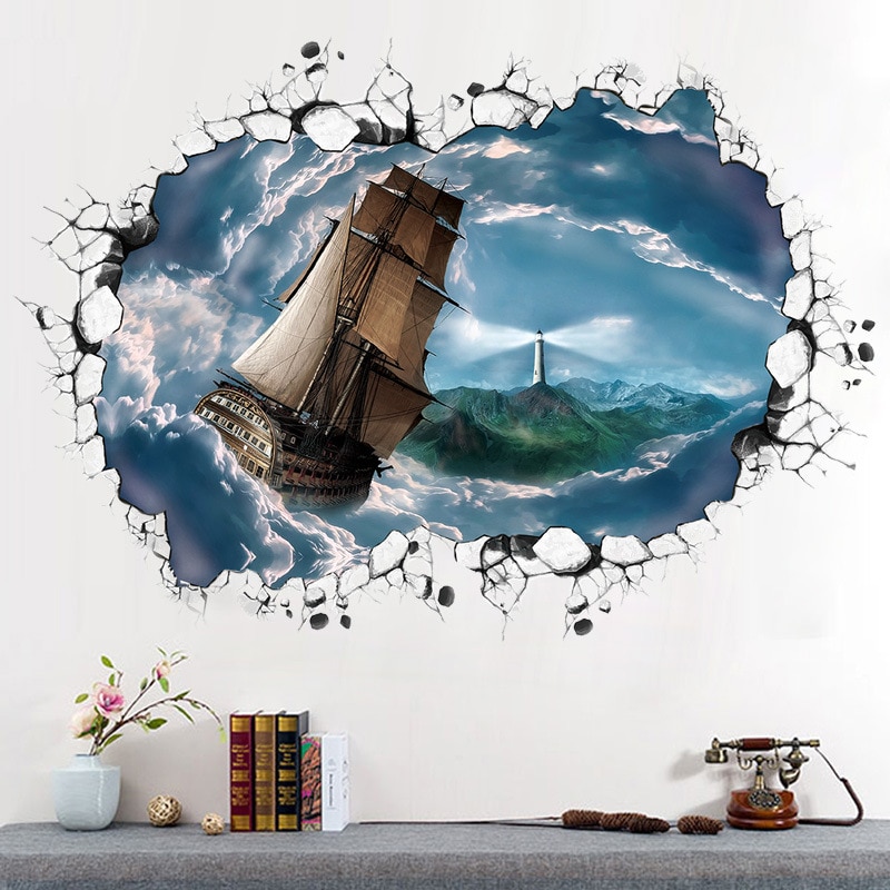 Grote Zeilboot Muurstickers 3D View Zee Wallpapers Kantoor Decoratie Pvc Muurstickers/Lijm Voor Sofa Woonkamer Slaapkamer