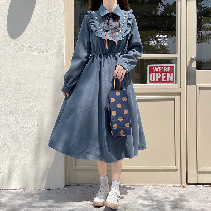 Art Mori vestido largo para niñas, ropa básica Retro, Vintage, estilo japonés, cuello de muñeca, cinta dulce, pajarita, vestido de pana, Otoño e Invierno: L / Azul