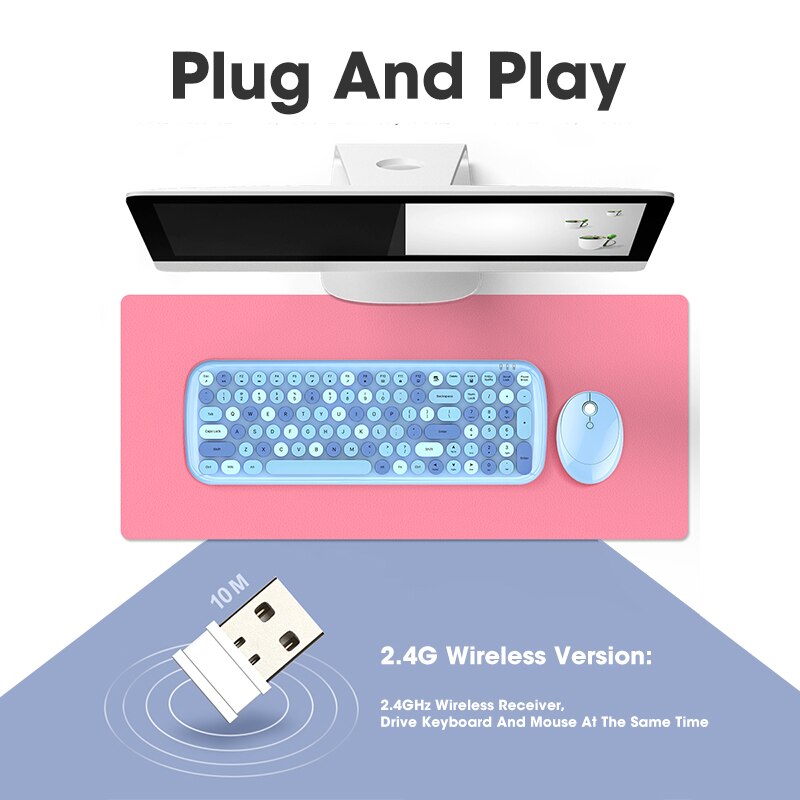 MOfii Wireless Keyboard Mouse set 2.4G Round Cute Candy Colors Blue Keyboard and Optical Mouse Set For Computer Home Office Use