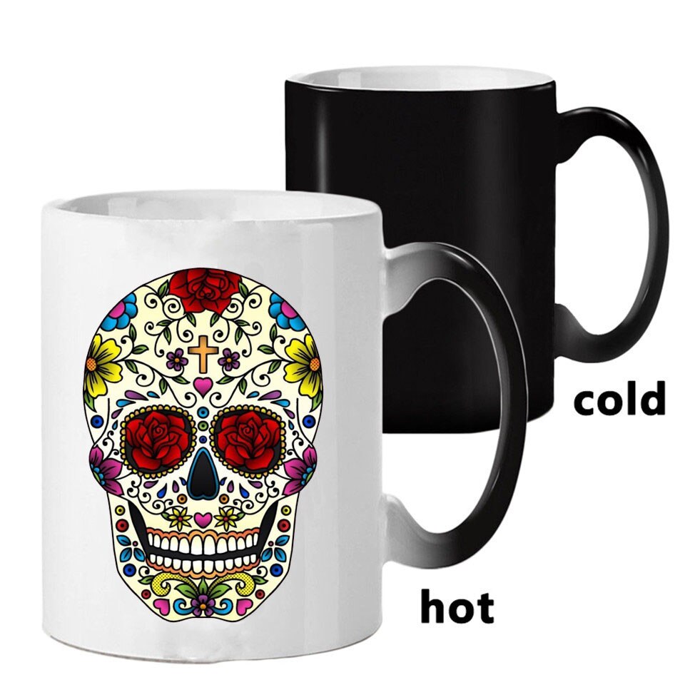 Färgglad dödskalle muggar glas värme färgskiftande kopp missfärgning magisk personlighet rolig keramisk kaffekopp mugg skalle