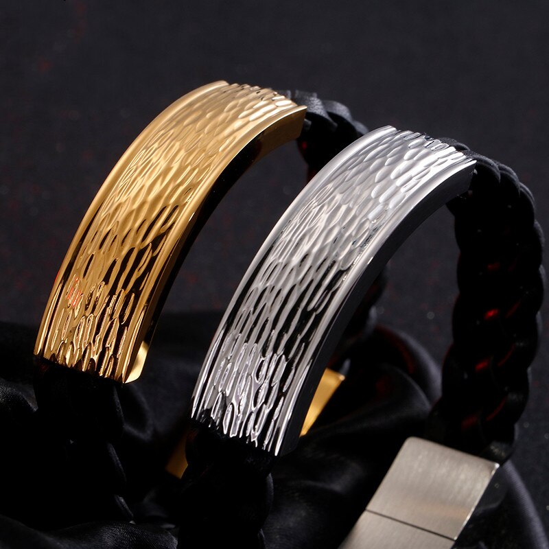 Vintage vævet læder wrap armbånd til mænd 21cm rustfrit stål guldsort charme punk armbånd smykker