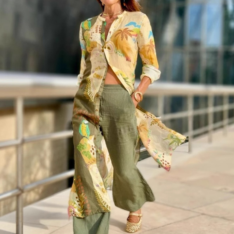 Mønstret print cardigan toppe sommer afslappet langærmet bluse streetwear forår kvinder o-hals løs lang skjorte