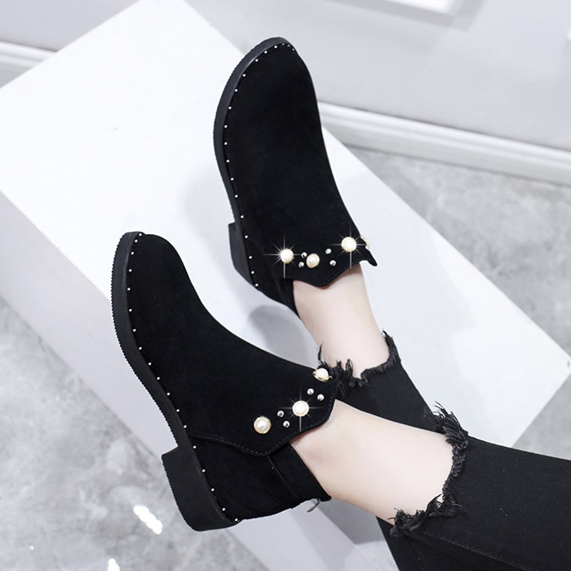 Winter Stiefeletten Für Frauen Schuhe Perle Stiefel Schwarz botas mujer chaussures femme Punk flache Stiefel Korn damen stiefel 7642