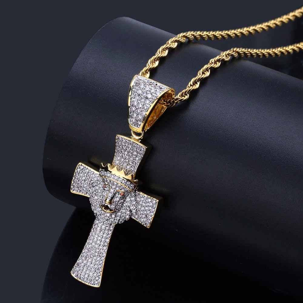 Hip Hop rapero Micro AAA + CZ hielo Bling oro corona León colgantes de Cruz collar de Signet para hombre joyería