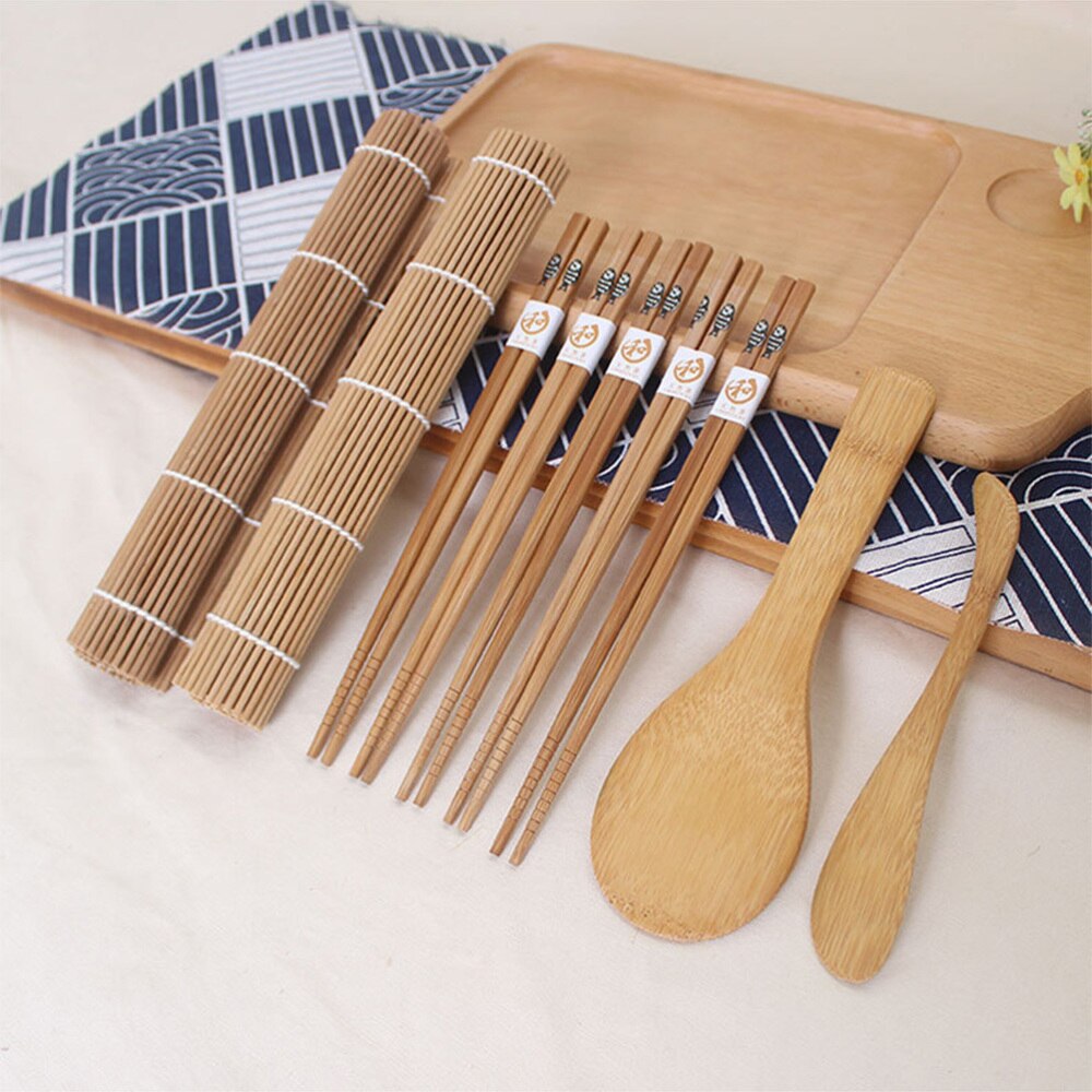 9pcs Bamboo Sushi Making Kit with 2 Rolling Mats 5 Pairs Chopsticks Rice Paddle Rice Spreader