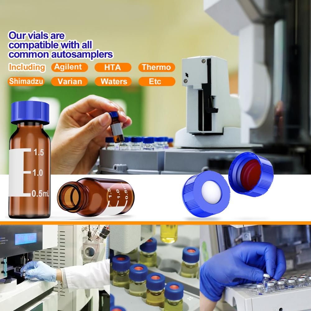 Autosampler 2ml HPLC 9-425 Amber glass vial Bottles with Write-on Spot and 9mm ABS Screw Caps &amp; Pre-Slit Septa, Case of 100