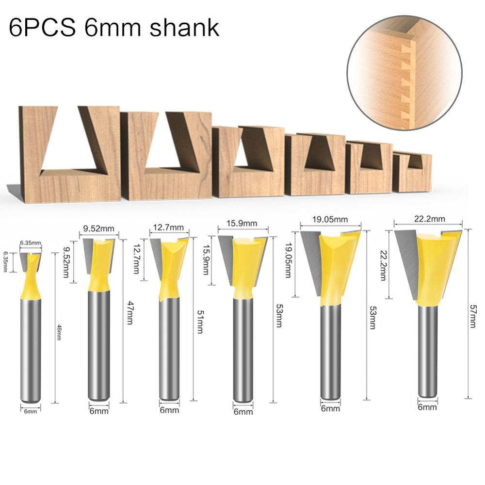 6pcs 6mm Shank 1/4 Dovetail Joint Router Bits Set 14 Degree Woodworking Engraving Bit Milling Cutter for Wood: 6PCS 6mm shank
