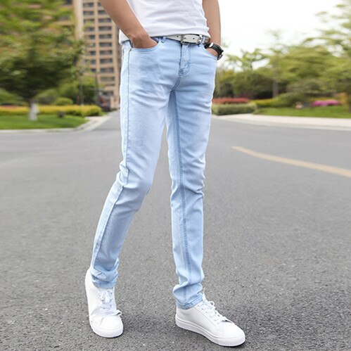 Mænd elastiske afslappede straight jeans mid cowboybukser skinny blå mænd mærke jeans stretch jeans mænd mandlige bukser 27-3: 30