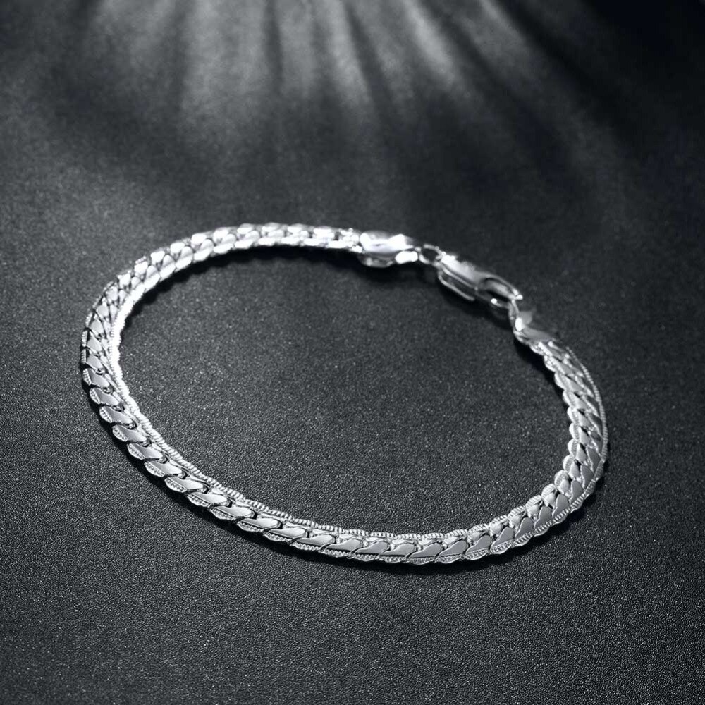 Pulsera lateral de 6MM y 20CM para hombre y mujer, joyería de plata 925, brazaletes para mujer y niña,