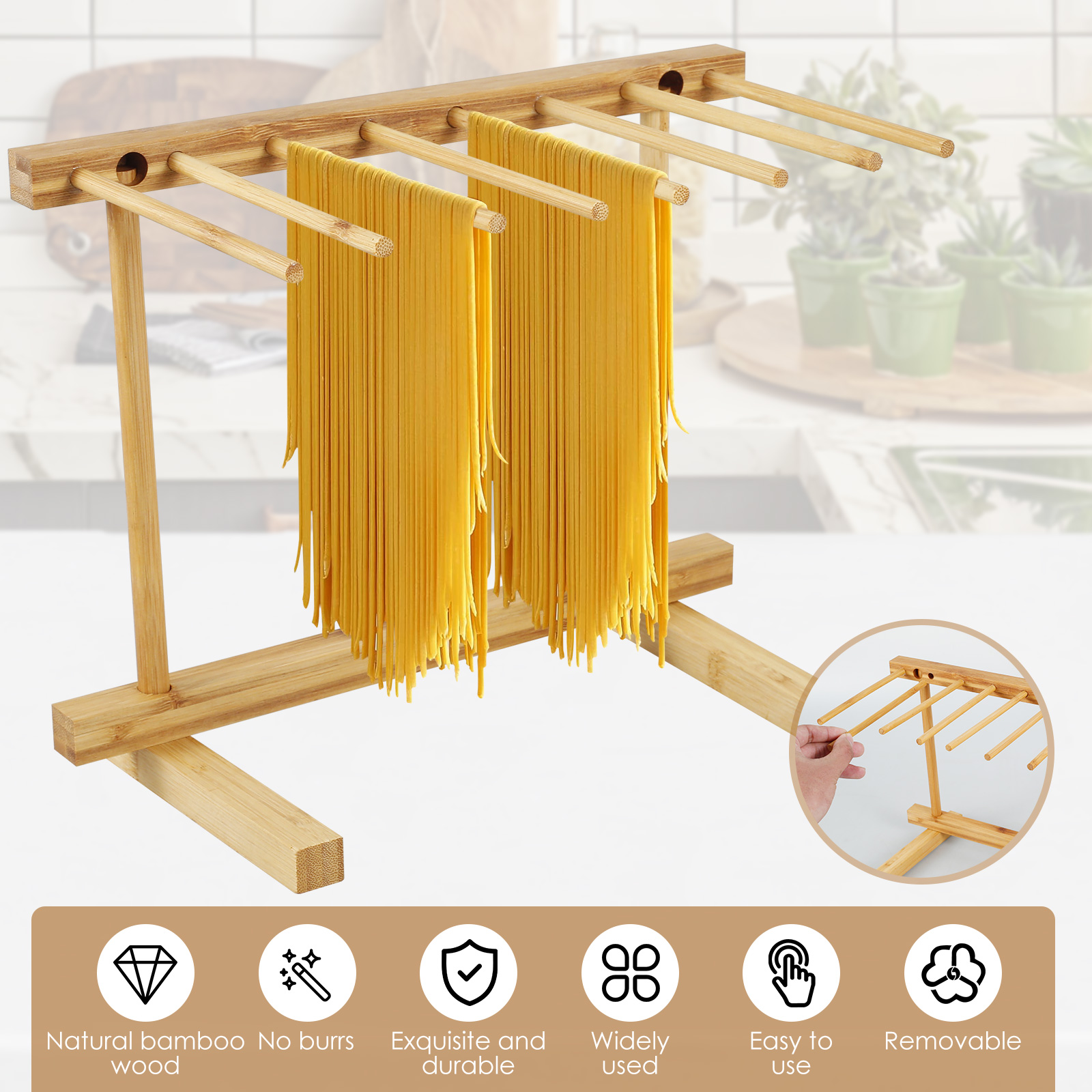 Rack de secagem de macarrão doméstico com 8 barras de madeira rack de secagem de macarrão destacável suporte portátil rack de suspensão de macarrão