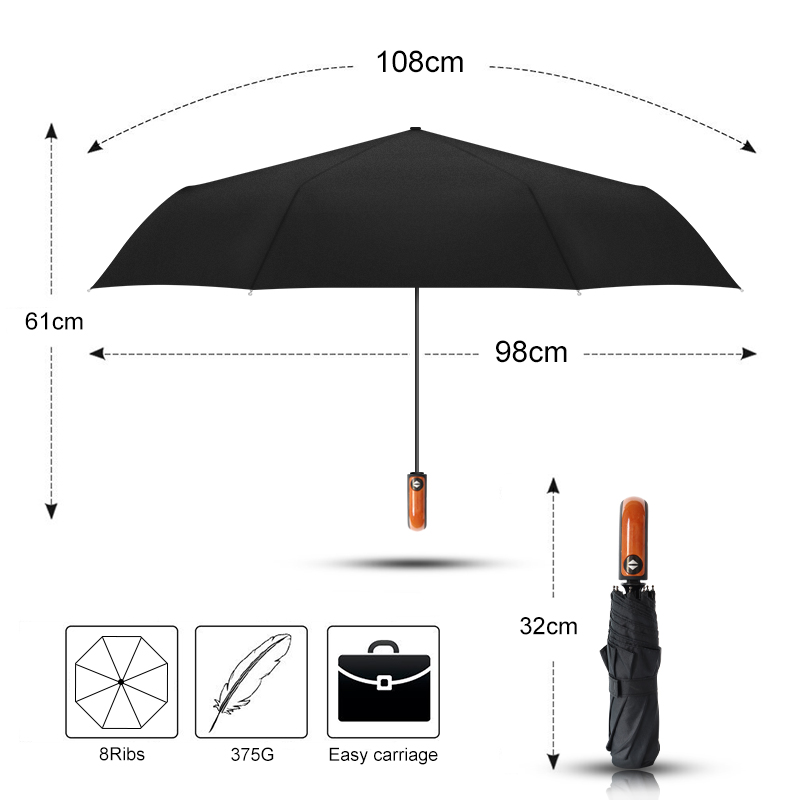 Paraplu Imitatie Hout Automatische Opvouwbare Compact Travel Business Winddicht Paraplu Voor Mannen – Grandado