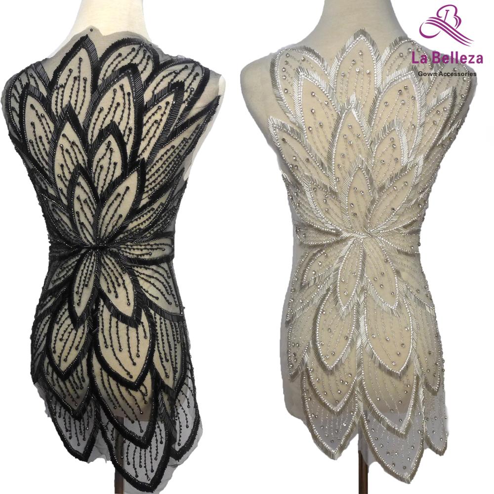 La Belleza Zwarte Kralen Applique Patch, Zilver Grote Patch, Handgemaakte Kristallen Steentjes Gown Applique Accessoires, Gold Patch