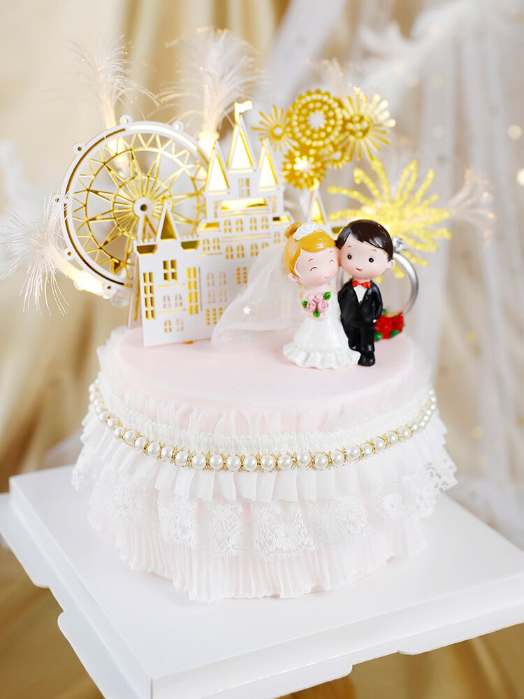 Glædelig bryllupsdag guld slot akryl kage toppersbrud brudgom hr. fru bryllup diamant ring kage leverer dekoration