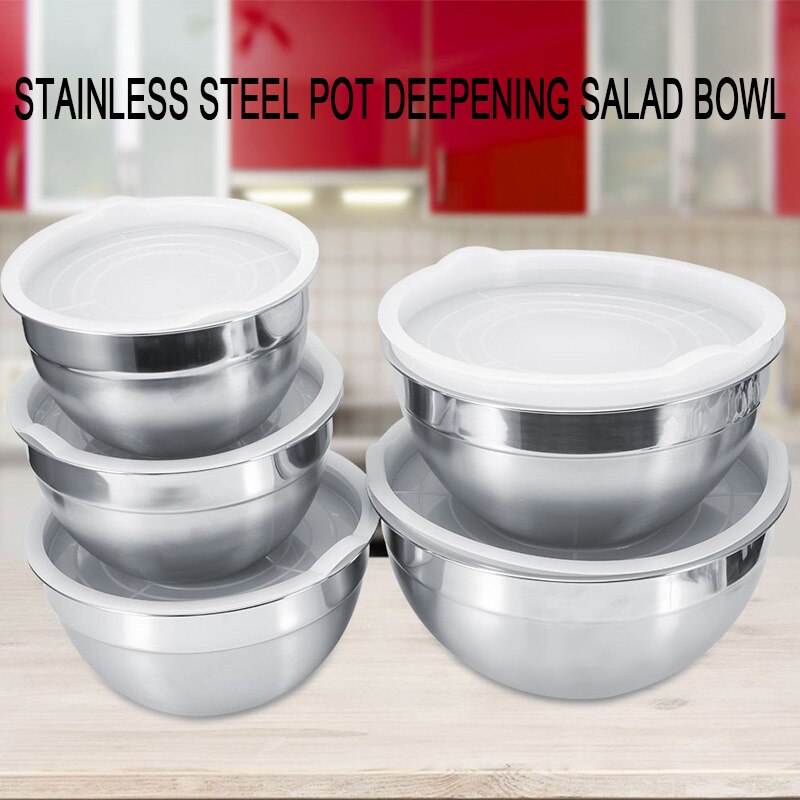 Bol de mezcla de acero inoxidable con tapas para ensaladas, caja para el almuerzo, contenedor de almacenamiento de alimentos, herramienta de cocina, 18/20/22/24CM