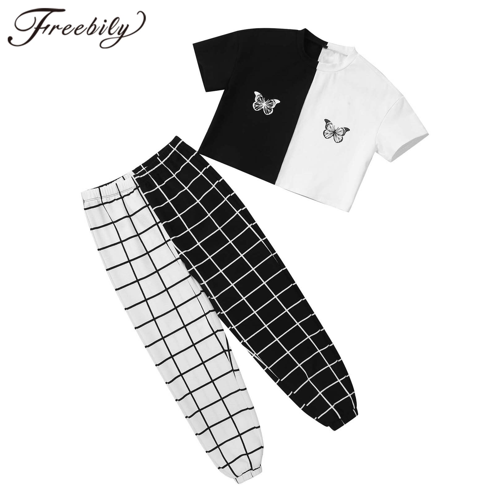 4-16Y Girls Sports Set Kids Girls Clothes Sets Butterfly Print Crop Tops + Plaid Pants Summer Teen Workout Dancewear
