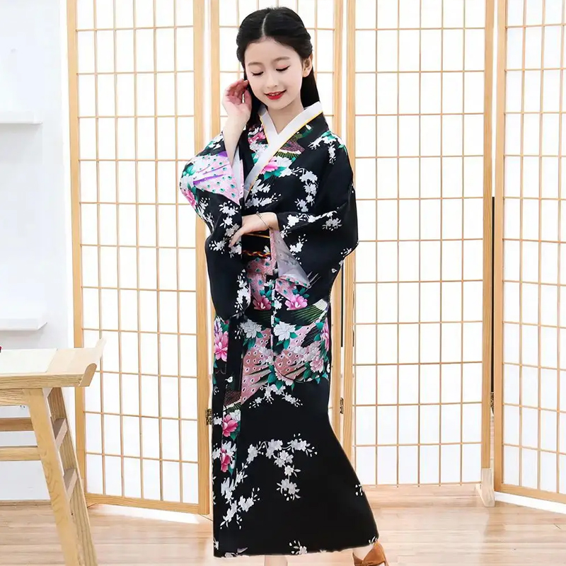 Mädchen Kind Japan Kimono Kleid Traditioneller Haori Yukata Bademantel Satin Luxus Orientalischer Bademantel mit Obi Kinder Cosplay Kleid
