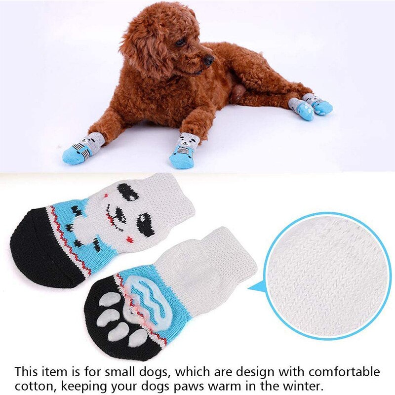 4pcs/Set Anti-Slip Dog Socks Cat Socks with Rubber Reinforcement Pet Paw Protector Cute Puppy Dog Knit Socks Indoor Wear