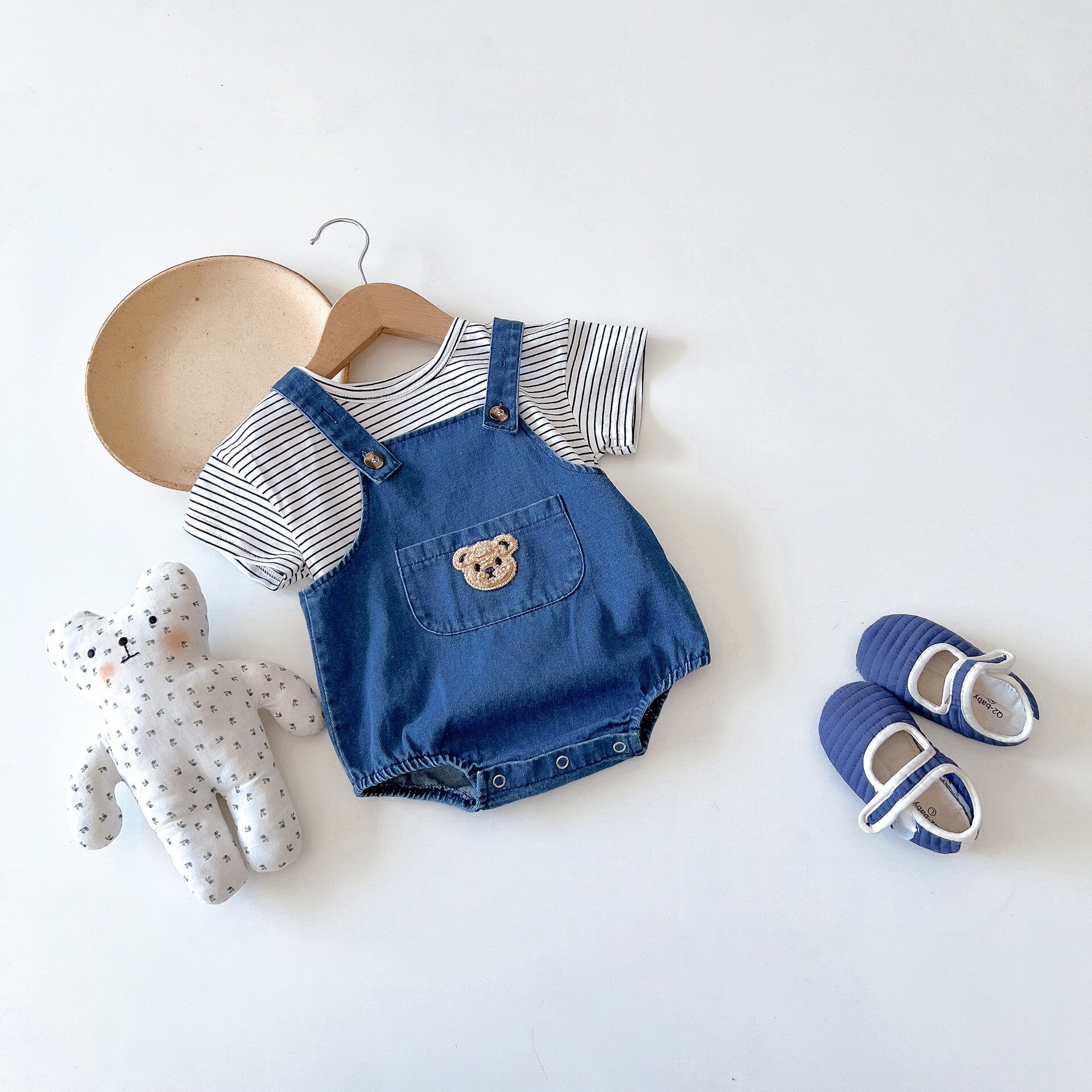 1225B Babykleertjes Beer Cowboy Riem Broek Lente Zomer 2022 Koreaanse Baby Boy Gestreepte Korte Mouw T-shirt Of Riem romper