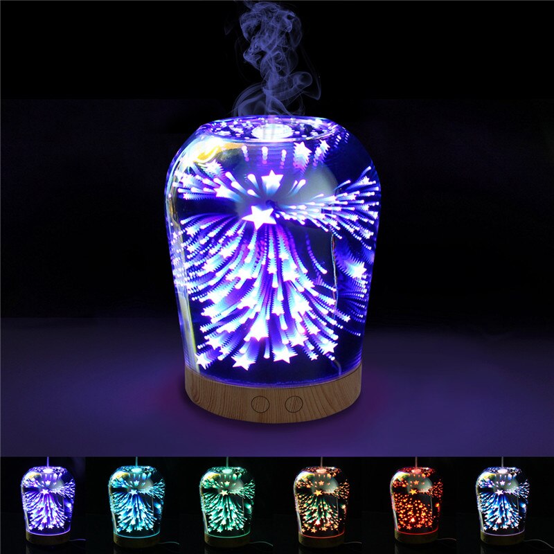 Humidificador de aire con luz led 3D para decoración del hogar, lámpara ultrasónica sirve como difusor y pulverizador de aceite aromático con imágenes de fuegos artificiales en la noche