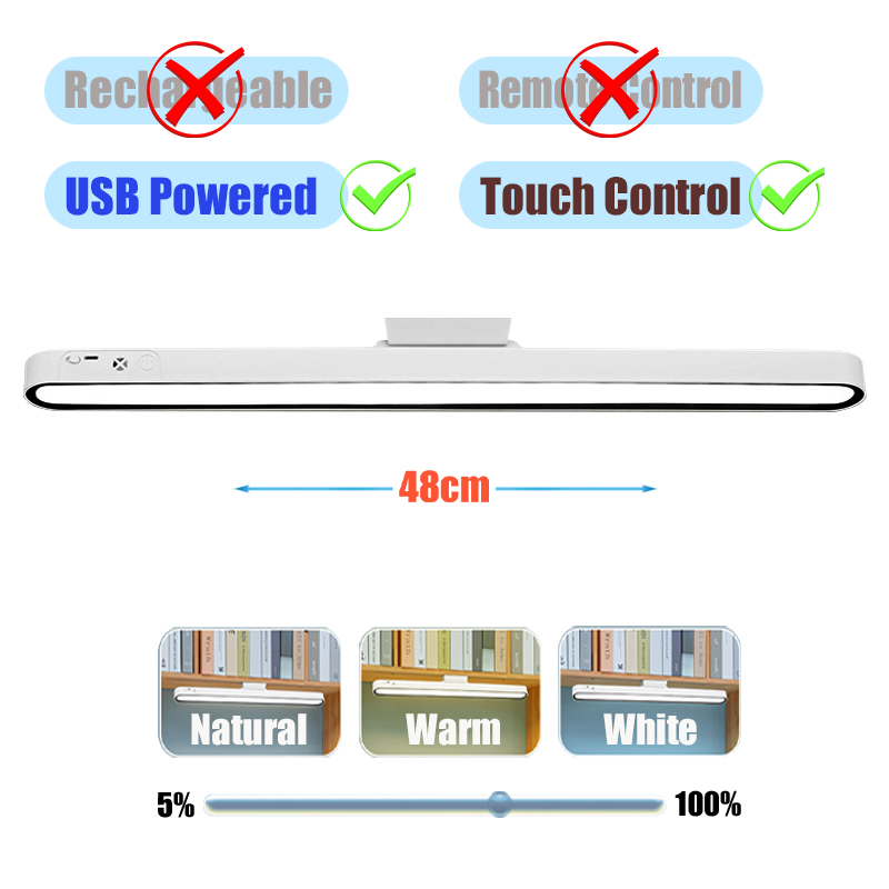 Lâmpada de mesa 48cm pendurado lâmpada de mesa magnética usb ou recarregável led luz de leitura regulável armário cabeceira espelho luz da noite: Branco