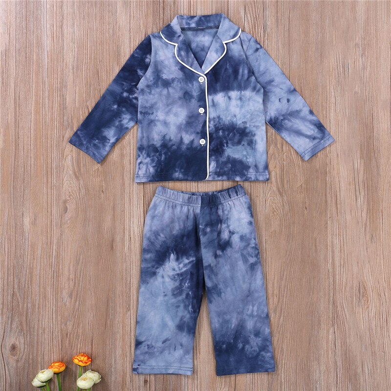 Kids Casual Herfst Lente Pyjama Set 2 Stuks Tie Dye Geschilderd Lange Mouwen Kleding Jongens Meisjes Knoppen Top Broek Nachtkleding kleding 1-6Y