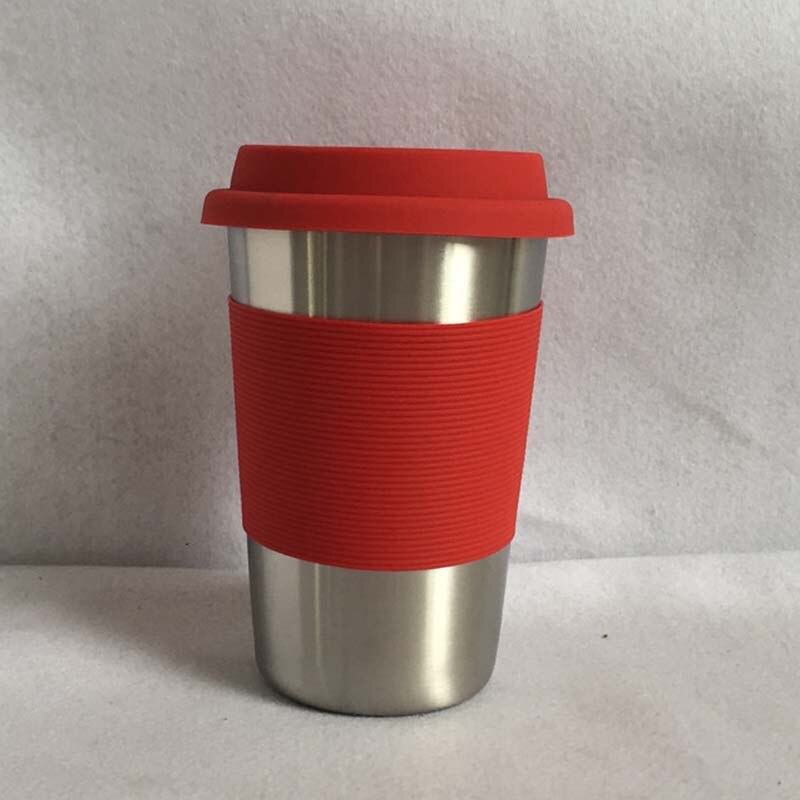 500ml Portable Practical Reusable Stainless Steel Silicone Cap Coffee Cups Eco Friendly Non-slip Travel Mugs Useful Wine Cup: Red Stainless Cup