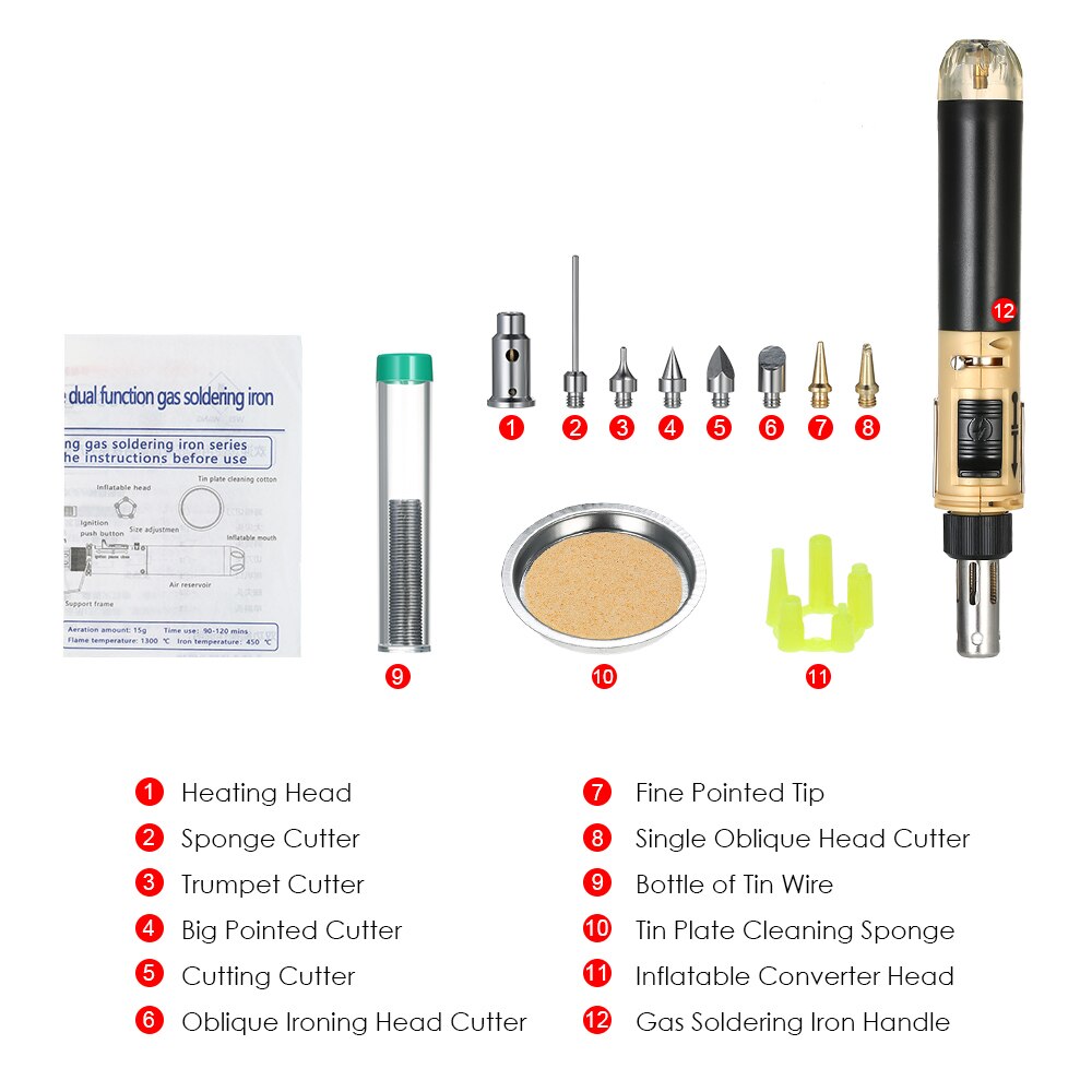 12 in 1 Portable Soldering Iron Kit Full Electronics Set Welding Tool Car Repairing Gas Soldering Self-igniting Torch Outdoors