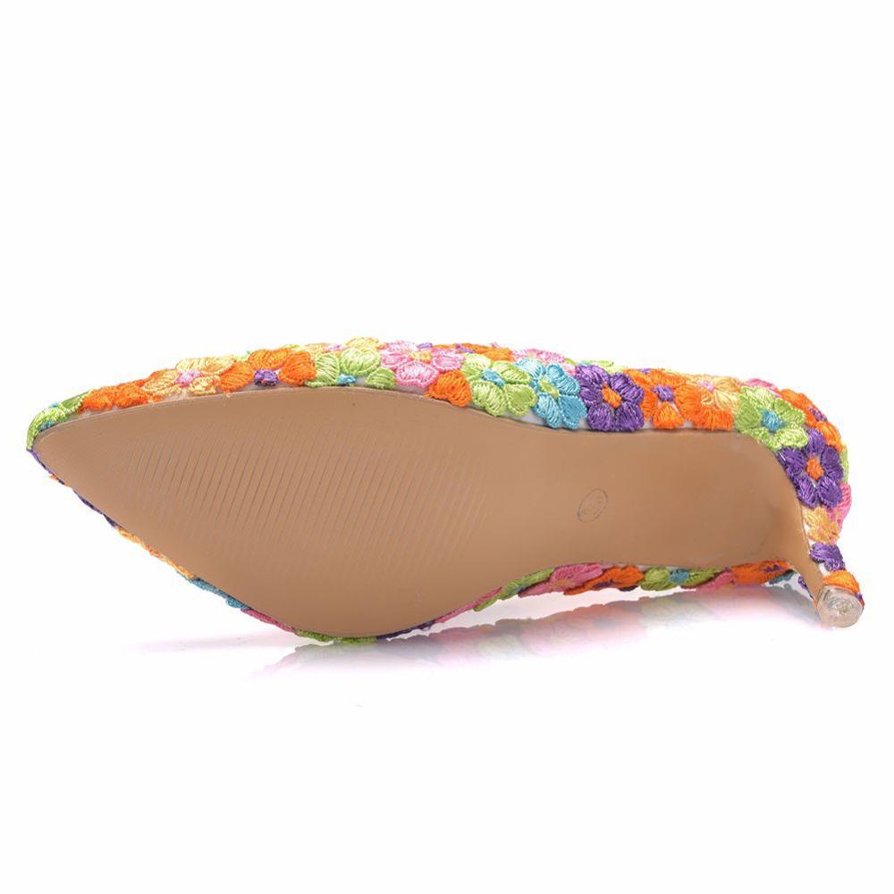 Crystal queen kvinnor skor mångfärgad spets bröllopsskor 7cm höga klackar stor storlek skor sweet pumps prinsess festklackar