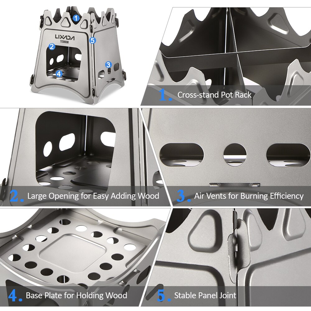 Lixada Compact Folding Titanium Wood Stove Outdoor Camping Stove Cooking Picnic Stove Portable Wood Furnace Burners