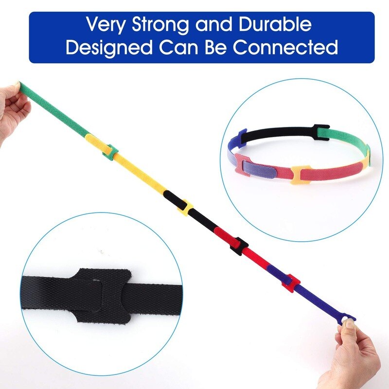 30 Pcs Color Velcro Cable Strap Nylon Cable Ties Magical Glue Self-adhesive Tape and Battery Rod Ring Belt Strap Tie Hook Ring