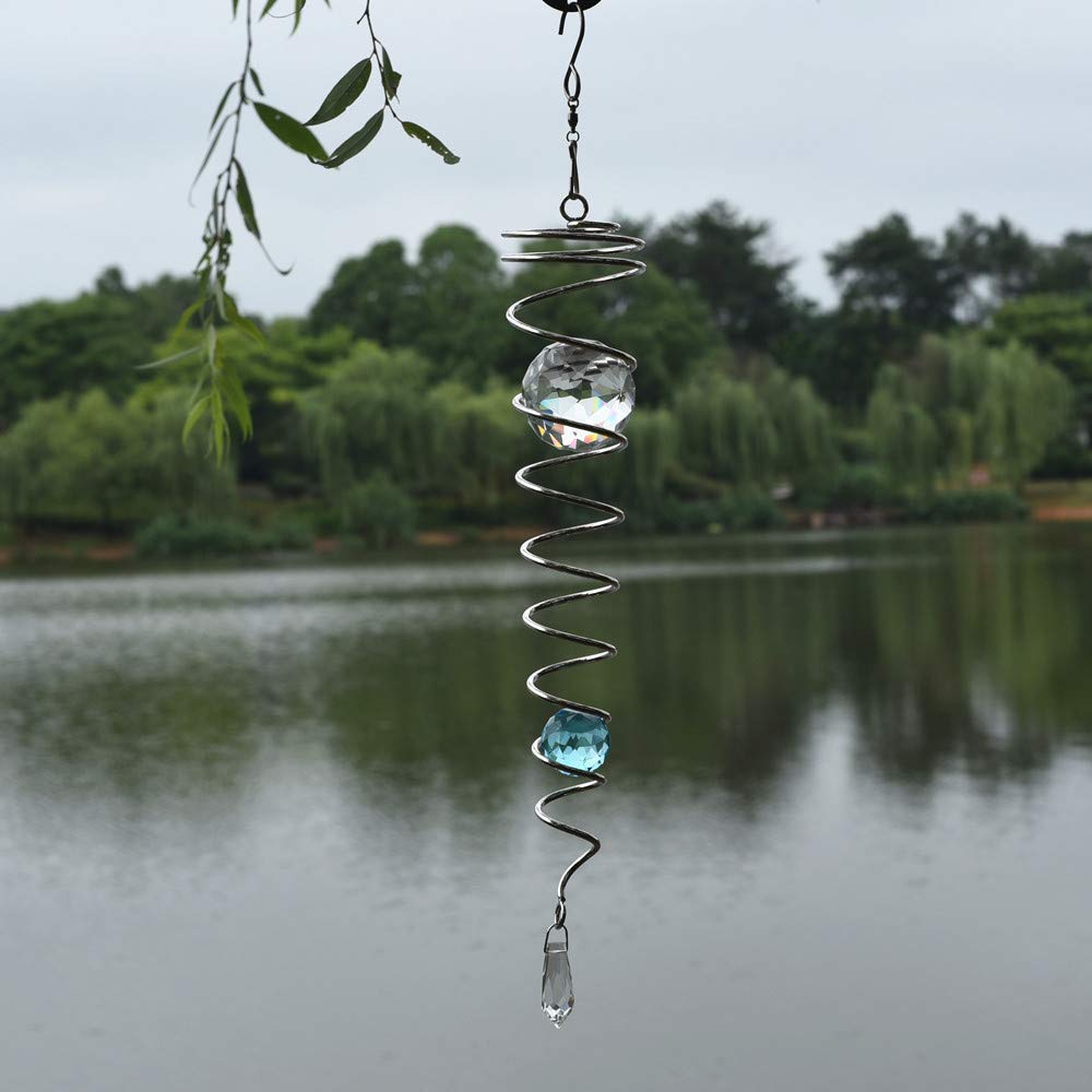 Gazing Ball Spiral Tail Wind Spinner Indoor Outdoor Decoration Stainless Steel Crystal Glass Ball with Hanging Swivel Hook