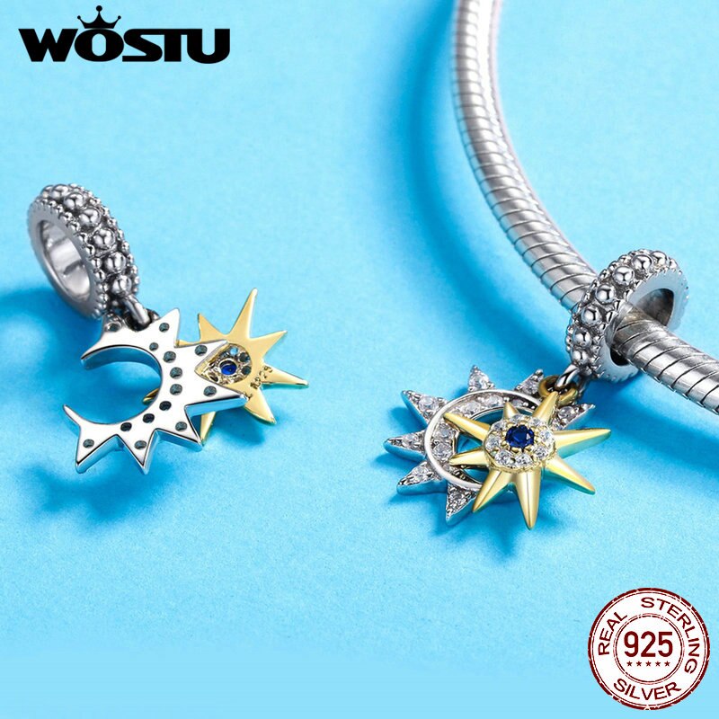 Wostu 925 prata esterlina lua estrela & ouro sol charme aaa cz grânulo caber pulseira original pingente lucky charms diy jóias cqc1135