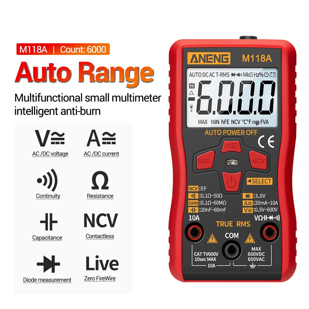 Digital Multimeter Multi Meter 6000 Counts Auto Ranging AC/DC Voltage Meter Flash Light Back Light Large Screen
