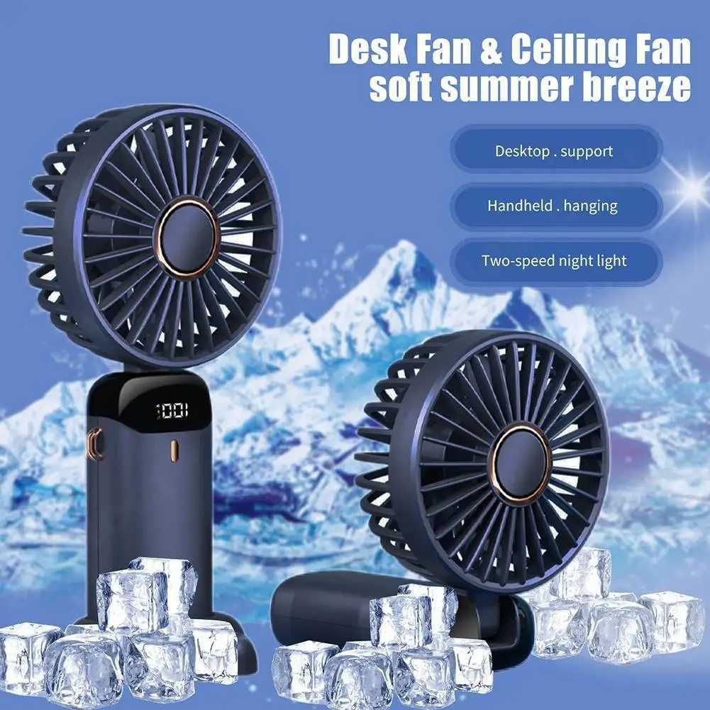 Mini ventilador de mano portátil, recargable por USB, plegable, para colgar en el cuello al aire libre, ventilador de refrigeración de 5 velocidades con soporte para teléfono y pantalla de visualización