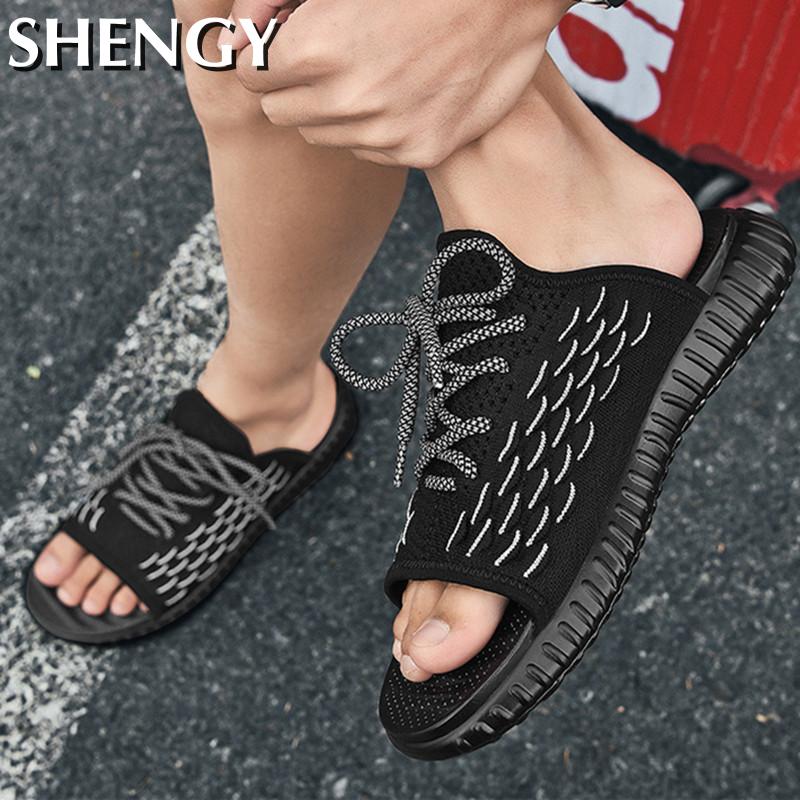 Herr sandaler snörning mesh öppen tå sandaler herr andas mjuka plattform tofflor herr sommar utomhus manligt märke