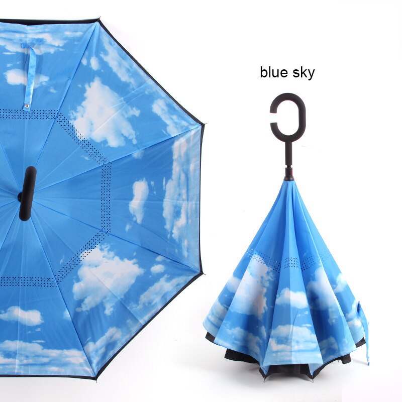 Paraguas plegable inverso resistente al viento, paraguas para hombre y mujer para lluvia y sol, paraguas con mango en C invertido, soporte autónomo para Anti UV de doble capa: blue sky