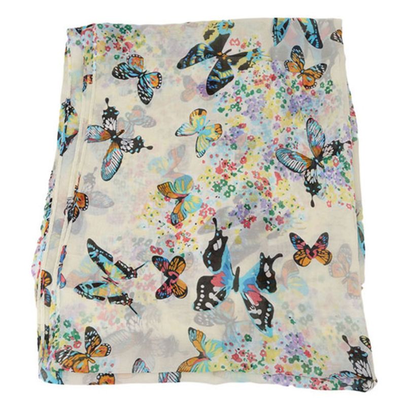 135x40cm Women Bohemian Chiffon Long Scarf Colorful Butterflies Floral Printed Shawl Lightweight Neck Soft Blanket Beach Wrap