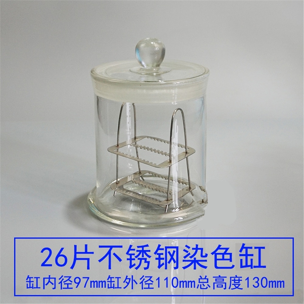 Frasco de tinción de Coplin de vidrio de laboratorio con cubierta con soporte de acero inoxidable, Tipo 26 diapositivas