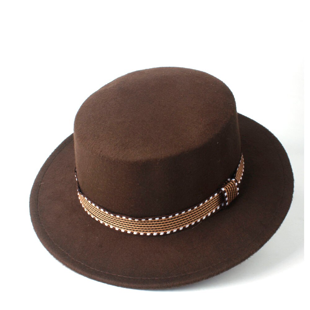 Men Women Flat Fedora Top Hat With Belt Wool Trilby Hat Pork Pie Hat Jazz Hat Size 56-58CM: Coffee