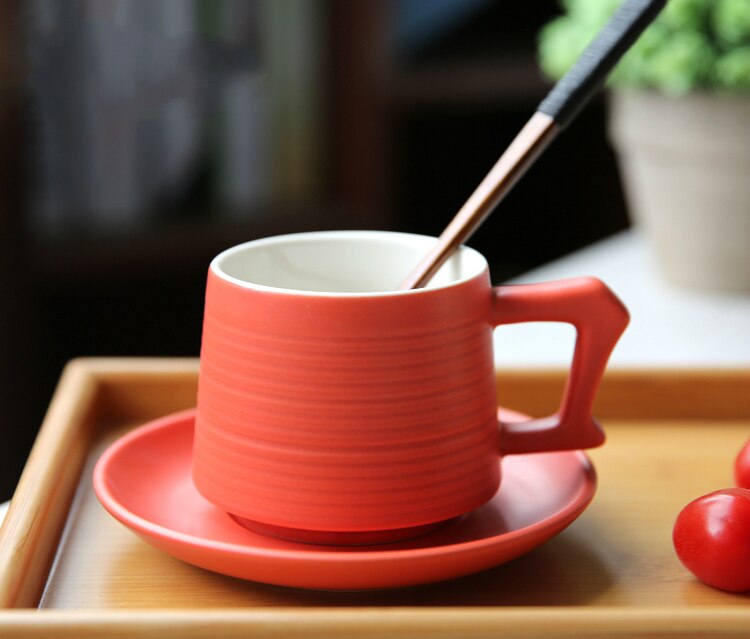 250ml Ceramic Coffee Cup And Saucer Set Six Color Optional Simplicity Coffee Cups Without Spoon High-grade Cappuccino Latte Mugs: Orange