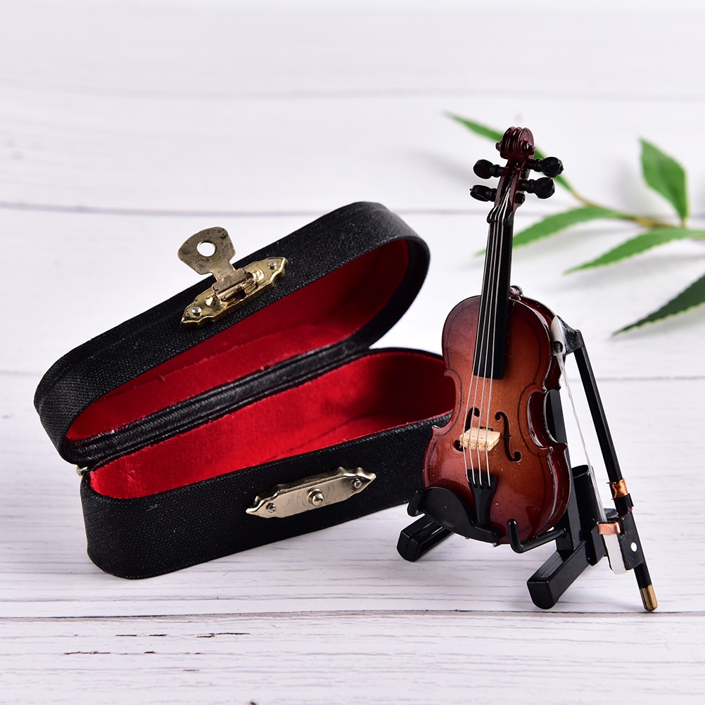 Houten Muziekinstrumenten Collection Decoratieve Ornamenten Model Decoratie Mini Viool Met Ondersteuning Miniatuur 8cm