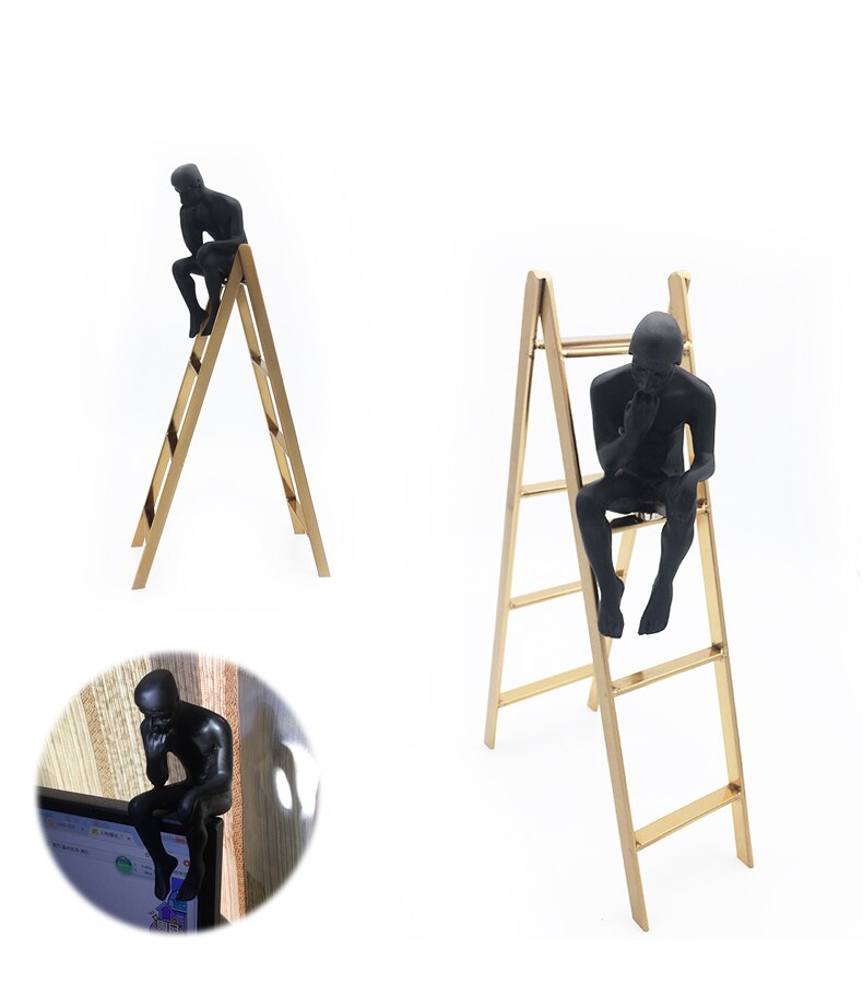 [mgt] auguste rodin tænker skulptur sød tænker på trappen vinduesudstilling boghylde klassisk boligindretning sort mand