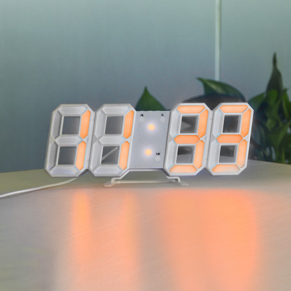 3D Digital Electronic Alarm Clock Hanging Wall Clock 12/24 Hour Calendar Thermometer Snooze Bedroom Desk Office Table Decoration: Orange A