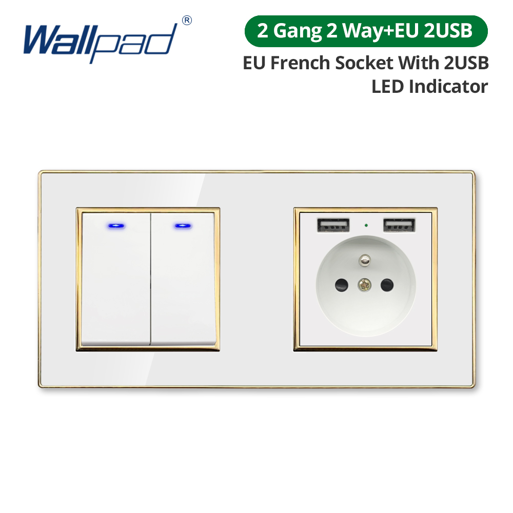 Wallpad White Acrylic Panel Gold Border Wall Light Switch LED Dimmer USB Charge EU Socket Outlet 4 5 6 7 8 Gang 2 Way Reset