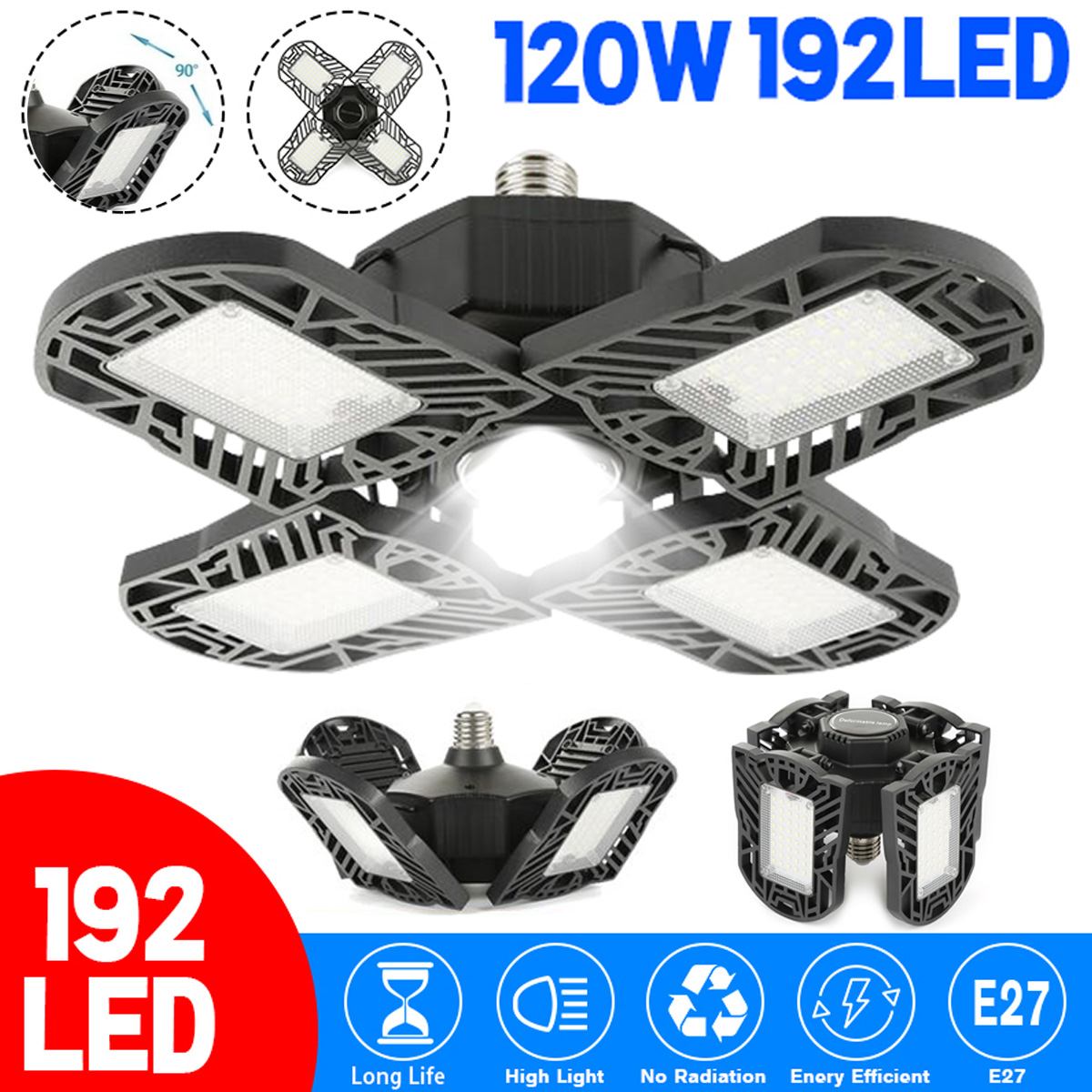 E27 LED Garage Light 12000 Lumens 192LED Deformable Foldable 4-Leaves Workshop Parking Warehouse Lamp Industrial Lamp AC85-265V