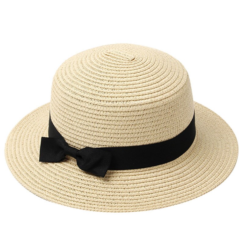 Zomer Vrouwen Hoed Strand Strooien Hoed Panama Dames Cap Modieuze Handgemaakte Toevallige Platte Rand Strik Zon Hoeden Voor Vrouwen: Beige