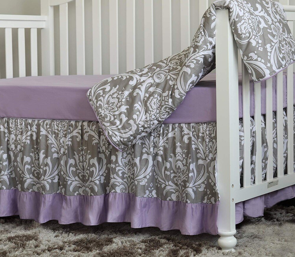 3 st uppsättning boho blommig volang baby minky filt baby plantskola spjälsäng kjol set baby flicka spjälsäng sängkläder (grå lila)