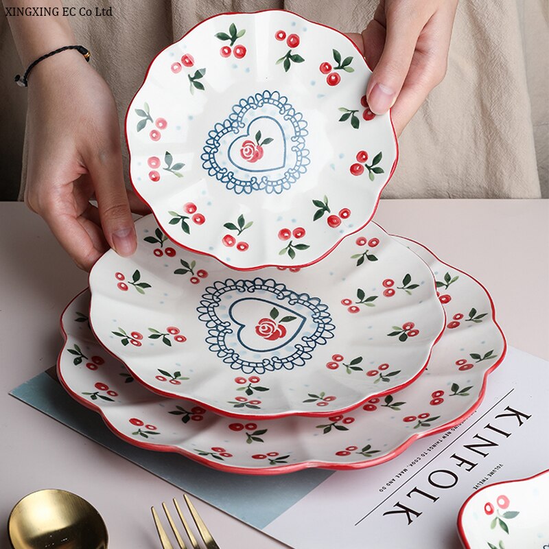 Hand-painted Cherry Ceramic Plate Household Tableware 10 Inch Plate Steak Plate Cute Fruit Plate Small Plate Tableware