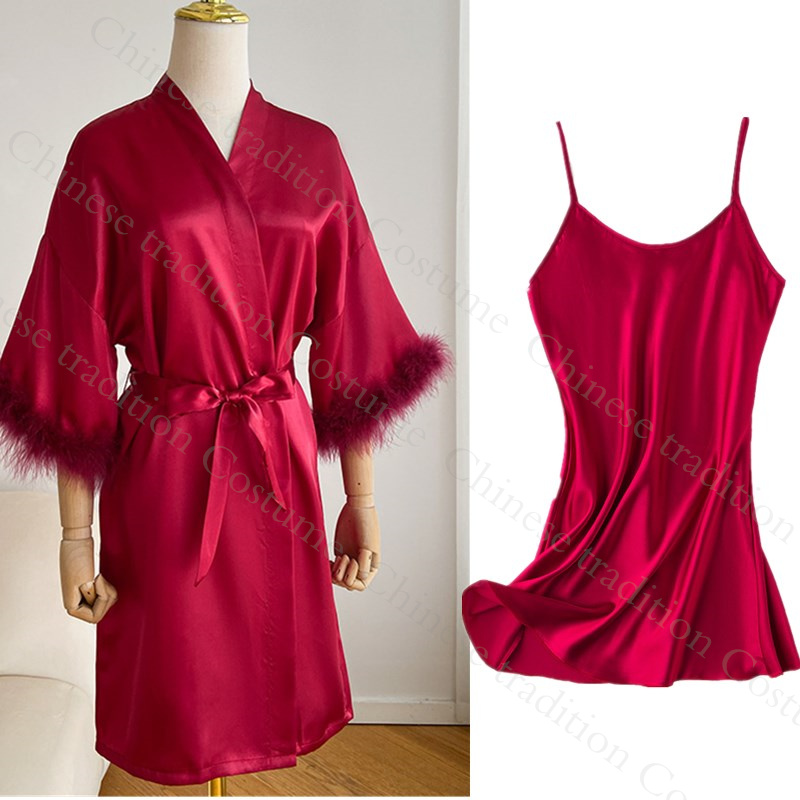 Robe de demoiselle d'honneur en Satin, Kimono, Lingerie intime, Sexy, manches plumes, peignoir, chemise de nuit, vêtements de nuit courts, taille unique: Rose