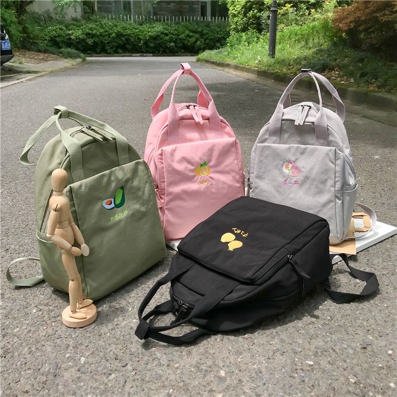 Menghuo Fruit embroidery Women Backpack Little Fresh Waterproof Nylon Solid Color Shoulder Bag Girls Schoolbag for Teenagers